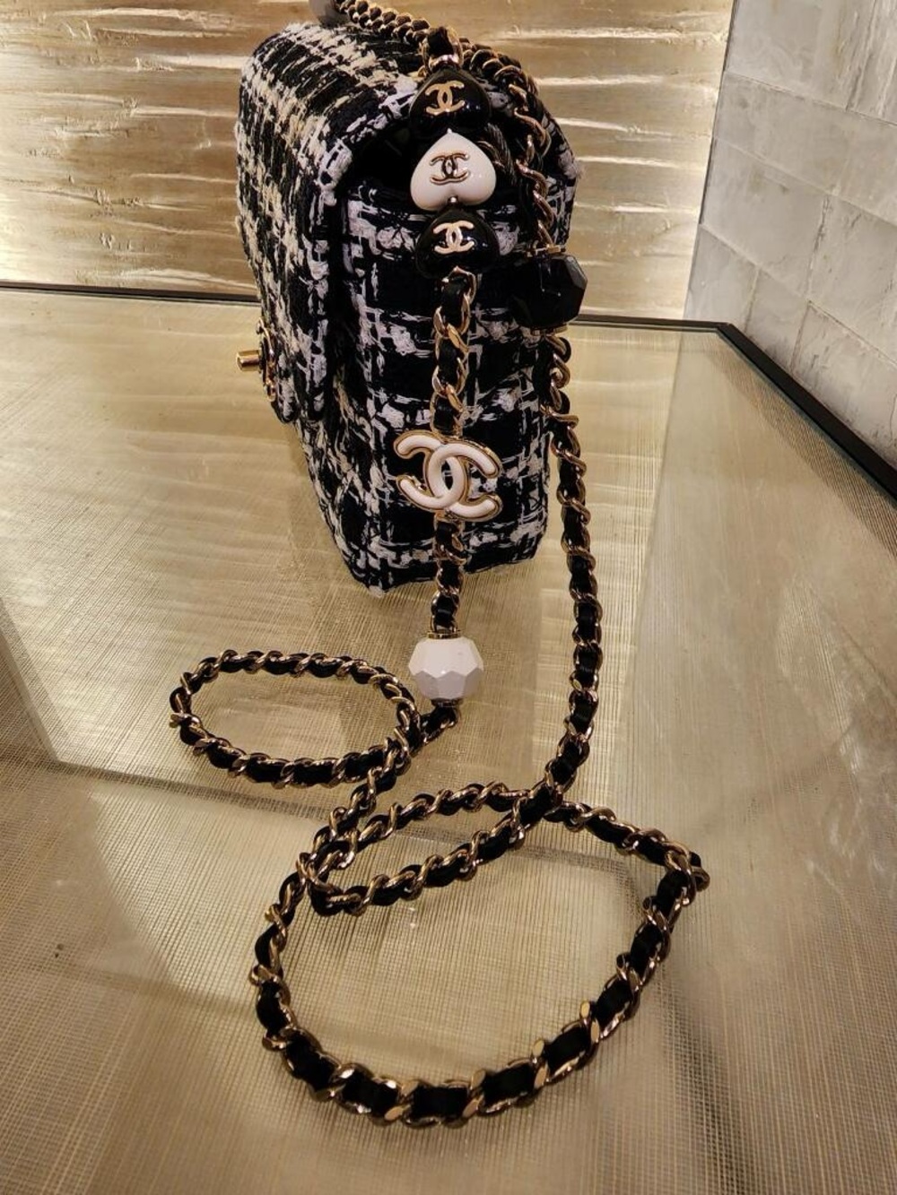 CHANEL Black & White Tweed Crossbody Bag with Chain and CC Charms